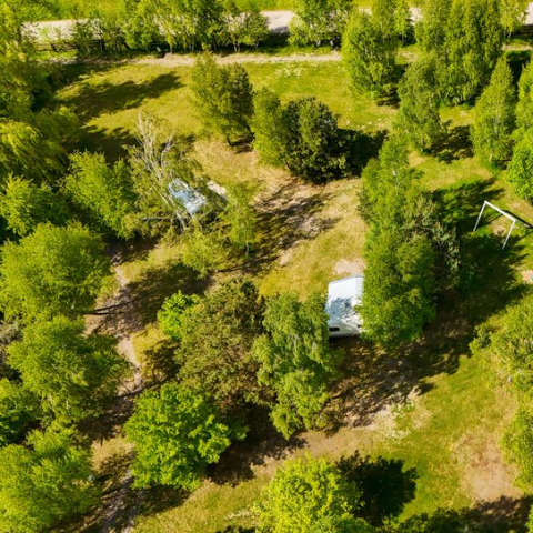 Ujęcie kempingu z lotu ptaka – ścieżki i rozproszone stanowiska wśród drzew.